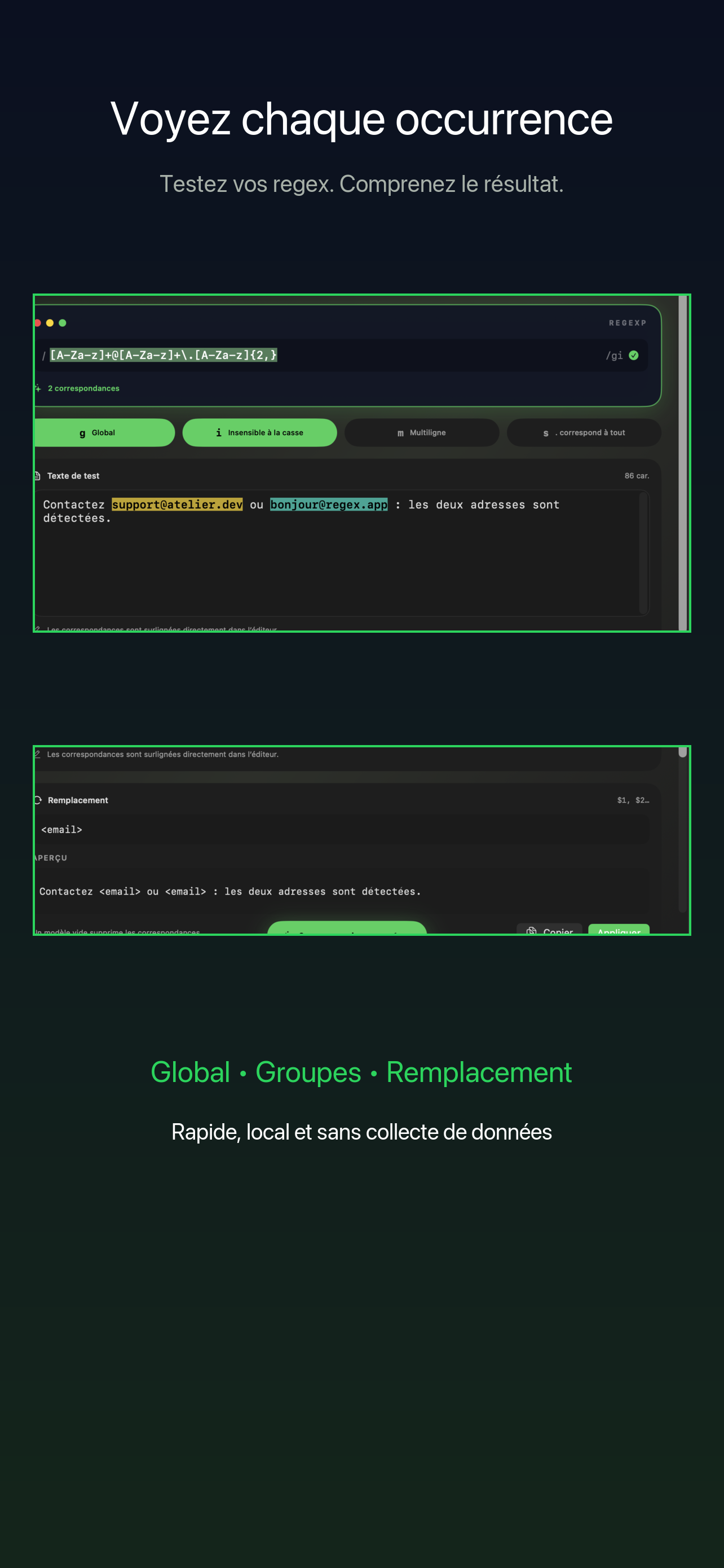 a8s Regex affichant une expression et ses correspondances